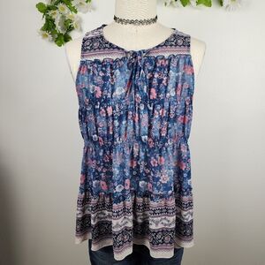 Knox Rose Floral Blue Sleeveless Top Tunic Sz Medium